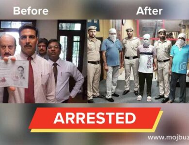 Left sideAkshay kumar and Anupam Khair and right side policeman with 3 robbers wearing mask