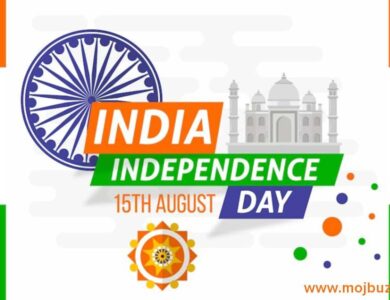 Independence Day banner with Taj Mahal on the back of the image