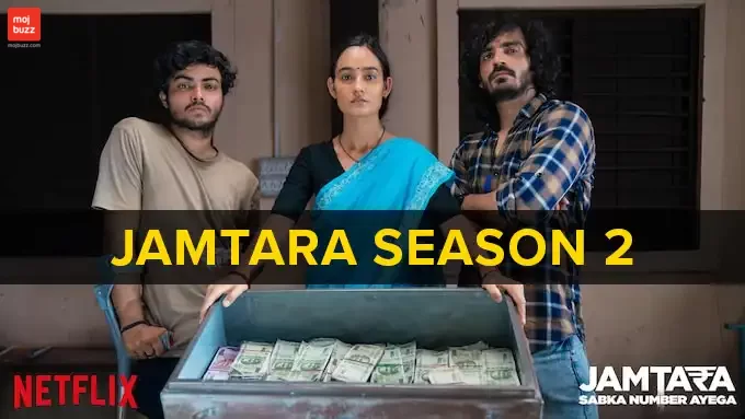 2 man and 1 women standing in front of a table in Jamtara Sabka Number Ayega 2 netflix series